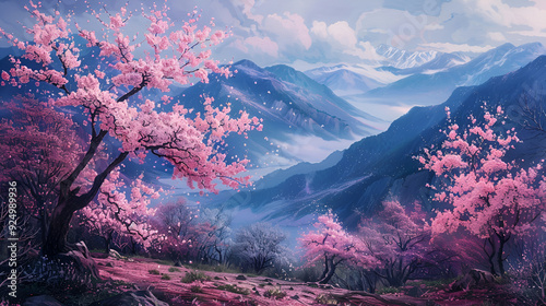sunset in the mountains, Wild Himalayan Cherry spring blossom.