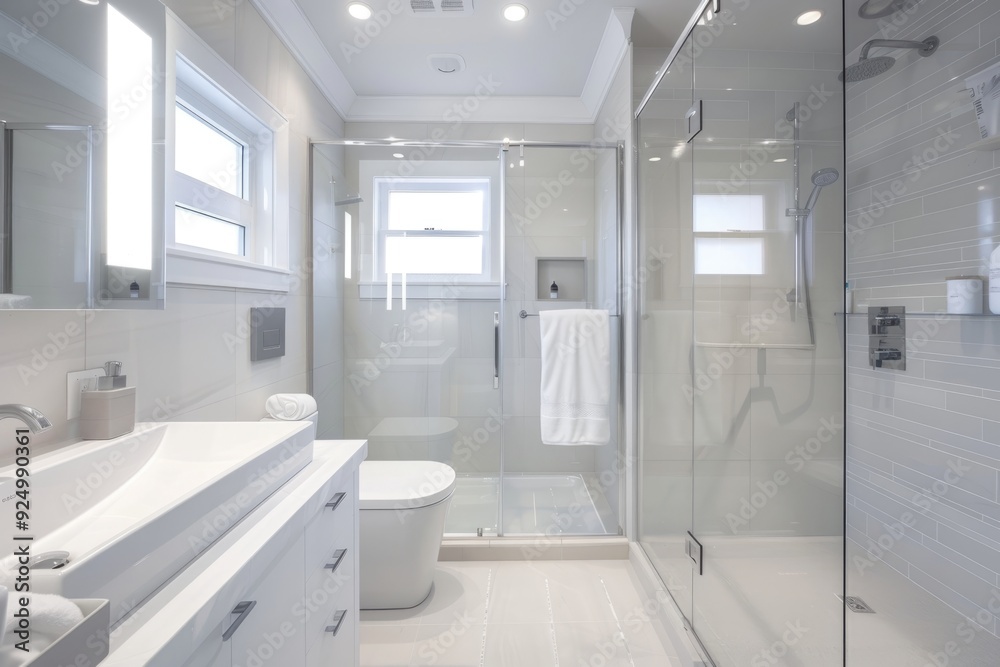 Modern white bathroom with a glass shower and minimalist fixtures Modern white bathroom with a glass shower and minimalist fixtures