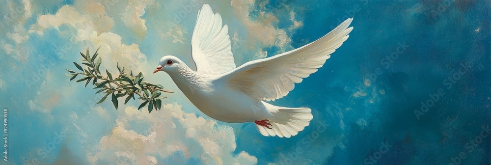 White Dove of Peace Flying in Blue Sky with Olive Branch - A white dove ...