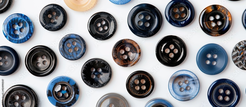 A variety of blue black and brown buttons showcased on a white background ideal for sewing fashion or creative endeavors Add text or graphics in the copy space image A variety of blue black and brown buttons showcased on a white background ideal for sewing fashion or creative endeavors Add text or graphics in the copy space image
