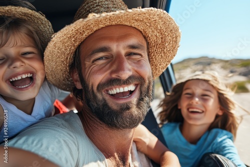 A smiling family sitting in a car, ready to embark on a summer adventure, reflecting happiness, togetherness, and the excitement of exploring new places on a road trip.