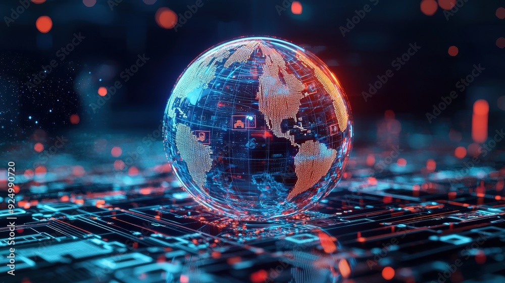 Fototapeta premium A digital globe surrounded by currency symbols representing the global economy