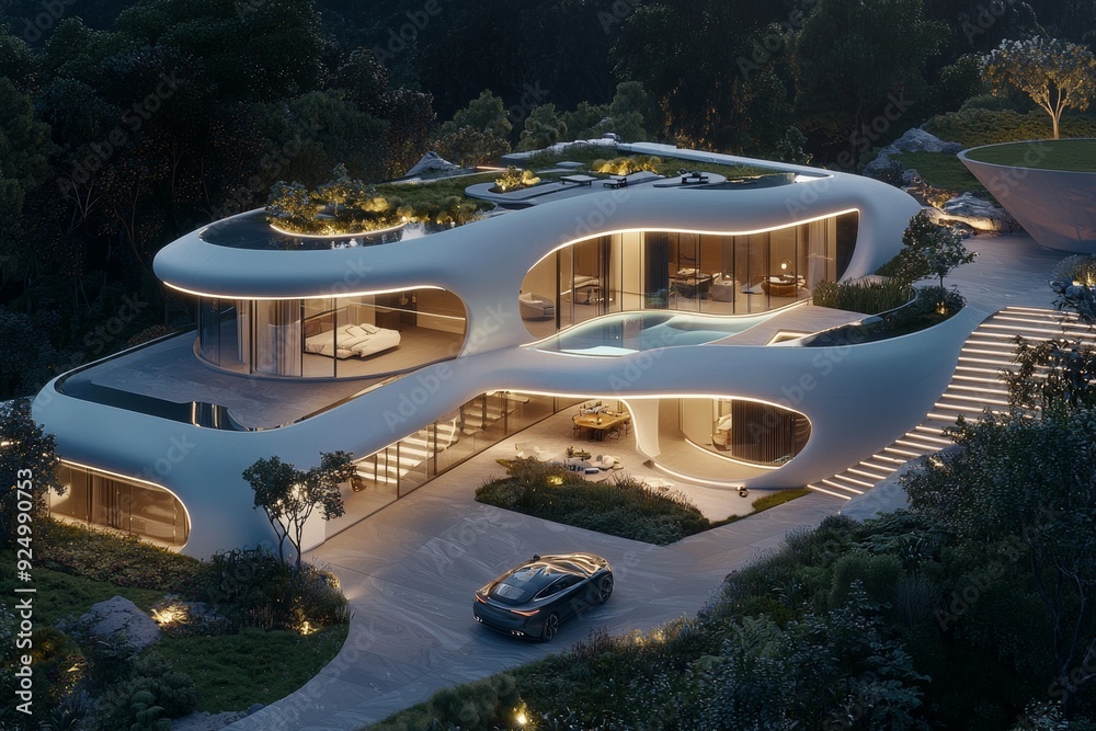 A luxurious, futuristic residential development featuring eco-friendly smart homes with integrated AI systems, energy-efficient designs, and high-end materials, showcasing the intersection of technolo A luxurious, futuristic residential development featuring eco-friendly smart homes with integrated AI systems, energy-efficient designs, and high-end materials, showcasing the intersection of technolo