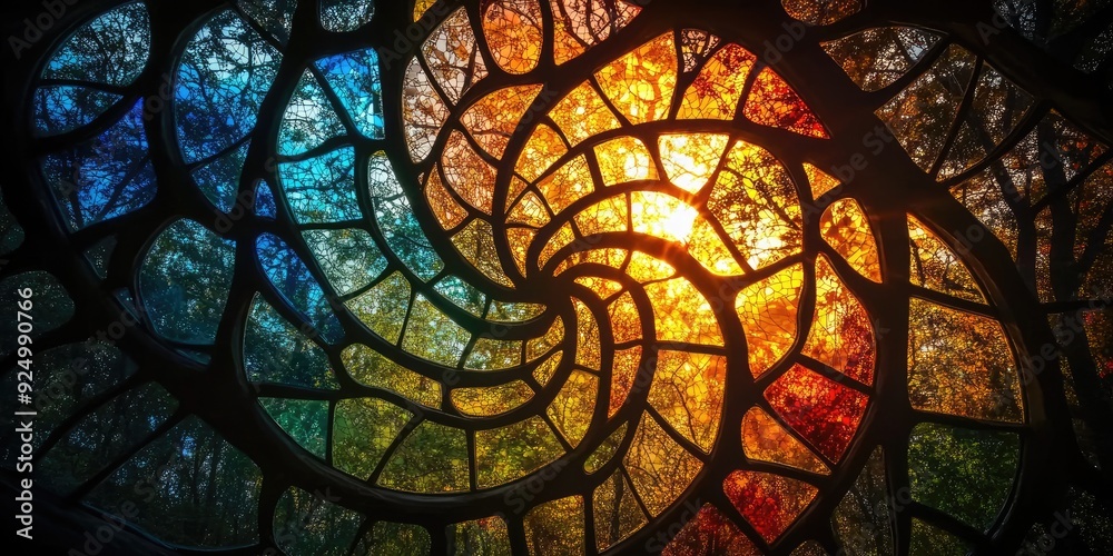 Abstract Stained Glass Window with Sunlit Trees Abstract Stained Glass Window with Sunlit Trees