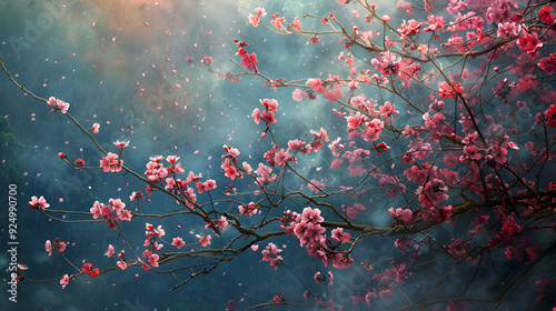 autumn leaves in the water, Wild Himalayan Cherry spring blossom.