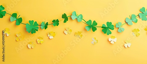 St Patrick s Day themed paper garland featuring Irish flags and clovers on a vibrant yellow backdrop perfect as a copy space image photo