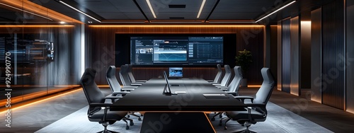 Modern office conference room with high-tech equipment, including large digital screens and holographic displays