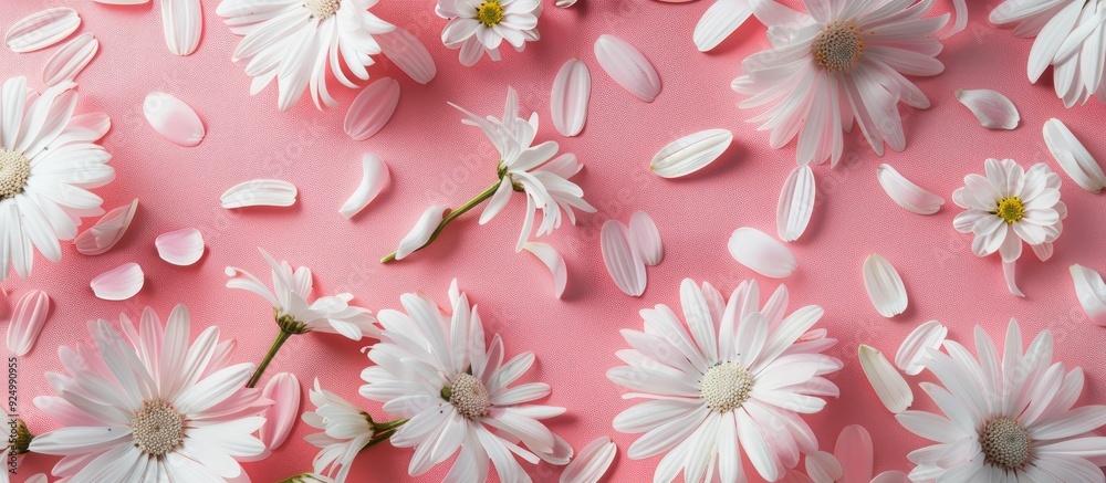Top view of white daisies chamomile flowers and petals on a pink pastel backdrop with copy space image forming a creative pattern for a summer holidays concept Top view of white daisies chamomile flowers and petals on a pink pastel backdrop with copy space image forming a creative pattern for a summer holidays concept