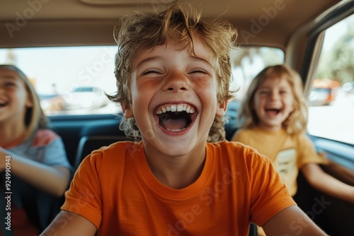 A delightful image of kids laughing heartily inside a car during a fun journey, showcasing their carefree spirits, bright smiles, and the joy of fun-filled travel moments.