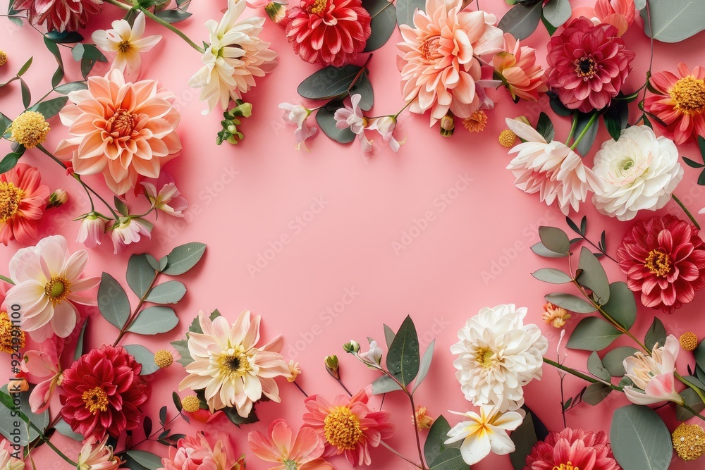A stylish flat lay arrangement showcasing a frame of beautiful flowers on a vibrant background. A stylish flat lay arrangement showcasing a frame of beautiful flowers on a vibrant background.