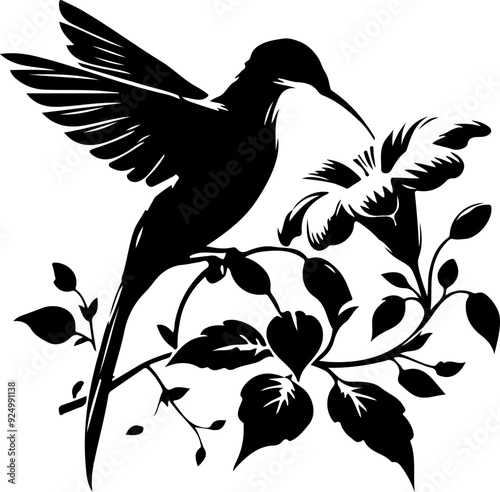 majestic Hummingbirds & Flowers silhouette, vector, clipart, nature, abstract illustration 7