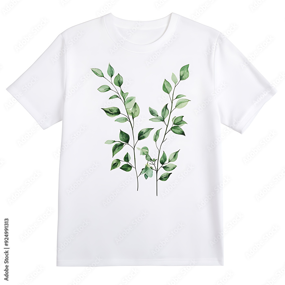 White T shirt with soft mint green leaves.
White T shirt with soft mint green leaves.