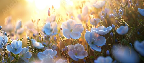 Pale sunlight illuminating delicate blue nemophila flowers in a meadow with a serene ambiance and ample copy space image