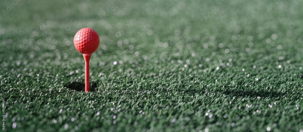 A static golf ball and tee on fake grass in a non playing state featuring copy space image A static golf ball and tee on fake grass in a non playing state featuring copy space image