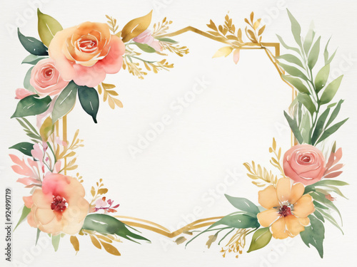 A blank wedding invitation adorned with a watercolor floral frame