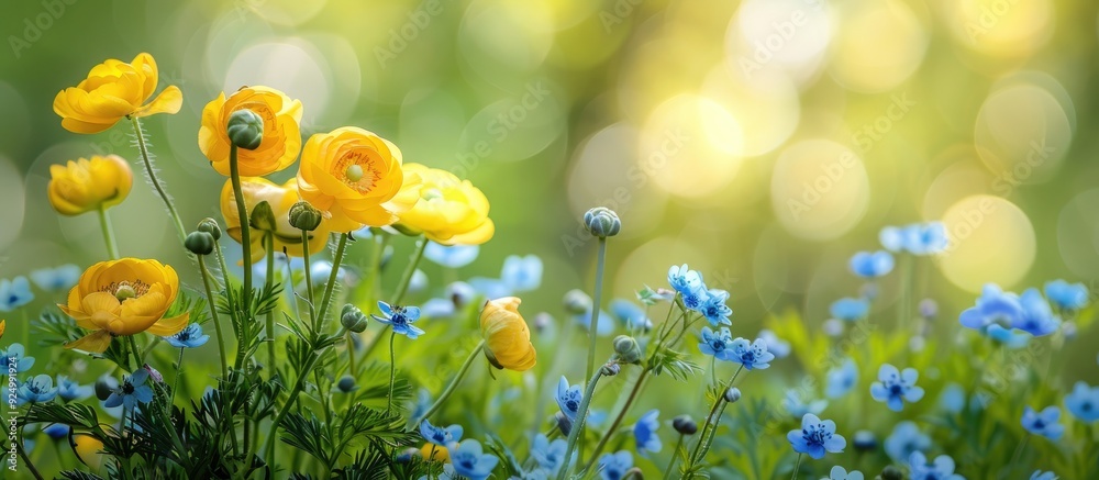 Close up image of yellow ranunculus and blue forget me not wild flowers on a green blurred background ideal for romantic nature designs with copy space Close up image of yellow ranunculus and blue forget me not wild flowers on a green blurred background ideal for romantic nature designs with copy space