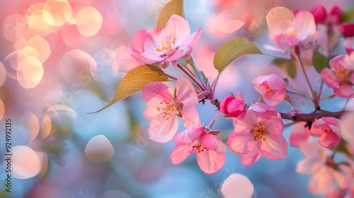 pink flowers in spring, Selective focused macro photo of pink apple tree blossom against blurred background. Spring seasonal c background.