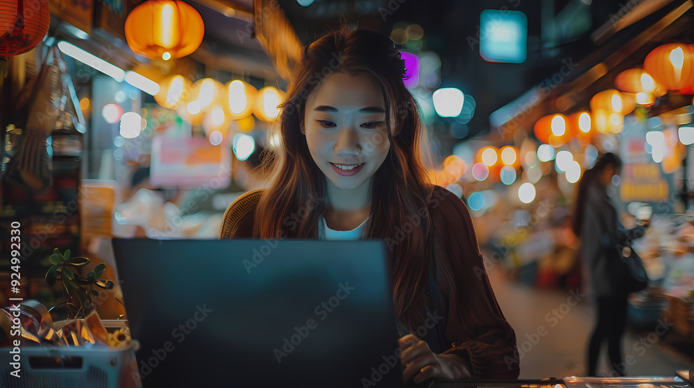 Young asia seller woman happy work on laptop busy cellphone Young asia seller woman happy work on laptop busy cellphone