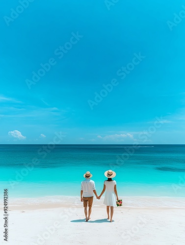 Two friends enjoying a sunny day at the beach, holding hands against a backdrop of clear blue waters and a vibrant sky.
