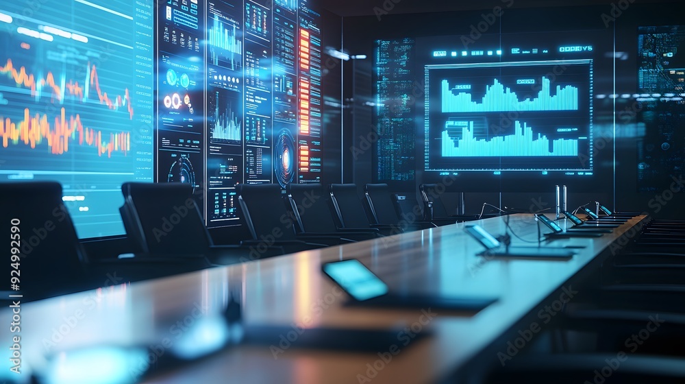 Modern office conference room with high-tech equipment, including large digital screens and holographic displays Modern office conference room with high-tech equipment, including large digital screens and holographic displays