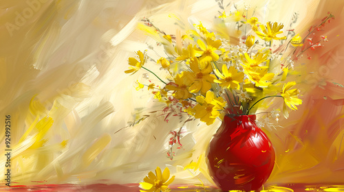 still life with flowers, Pretty wild flowers in the crimson vase. During summer, a yellow abstract fon with wild flowers in a red vase gives off a nostalgic vibe.