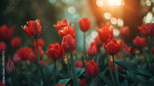 red tulips in the garden, In the garden, tulip blooms bloom in a red tint.