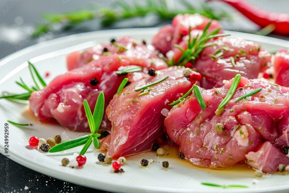 Marinated meat on a white plate with spices Marinated meat on a white plate with spices