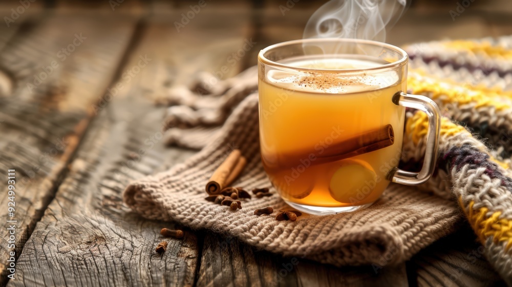 Warm Apple Cider with Cinnamon Sticks on Rustic Wooden Table Warm Apple Cider with Cinnamon Sticks on Rustic Wooden Table