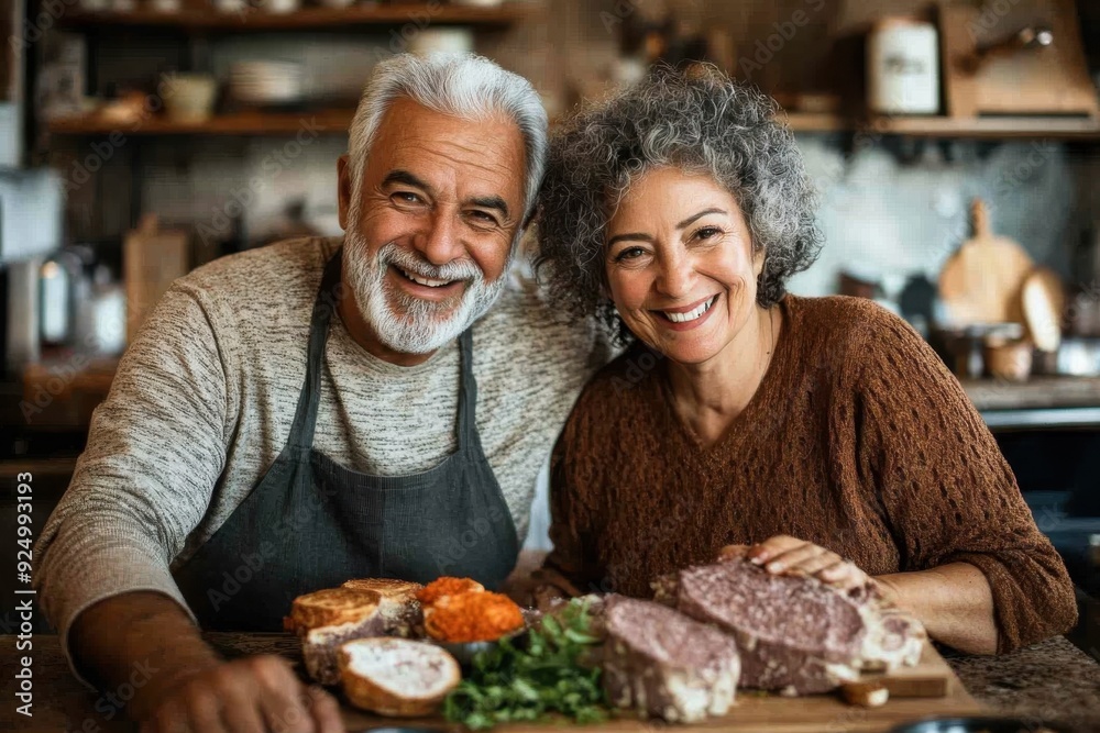 A happy elderly couple enjoying time together in their warm, cozy kitchen, surrounded by food and wooden decor elements, representing love, joy, and companionship in later years. A happy elderly couple enjoying time together in their warm, cozy kitchen, surrounded by food and wooden decor elements, representing love, joy, and companionship in later years.