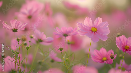 pink cosmos flowers in field, Field of pink cosmos flowers.
