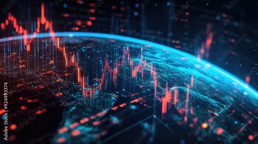 Fototapeta premium Global stock market connection, charts intertwining around Earth, 3D illustration