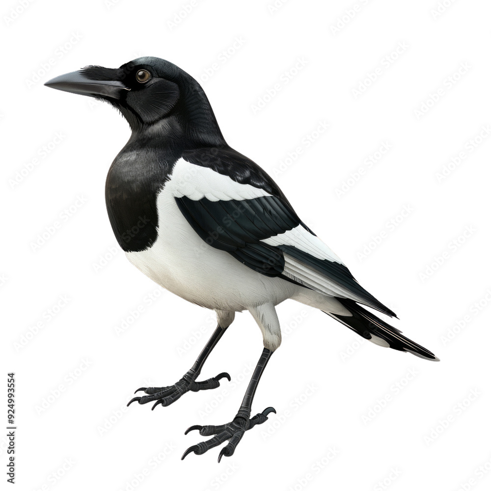A black and white bird with a long tail stands on a black background. A black and white bird with a long tail stands on a black background.