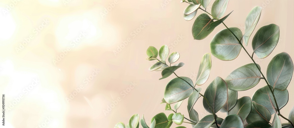 A vibrant eucalyptus branch against a light backdrop serves as a background for showcasing products like cosmetics with a congratulatory card in a mockup image. Copy space image A vibrant eucalyptus branch against a light backdrop serves as a background for showcasing products like cosmetics with a congratulatory card in a mockup image. Copy space image