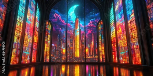 Nighttime View of a Futuristic Cityscape Through Stained Glass Windows