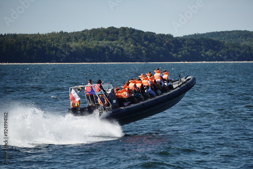 A motor boat sails fast on the Baltic Sea