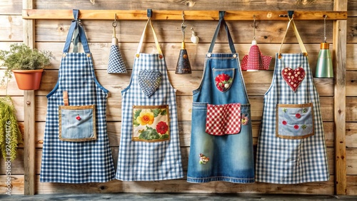 retro hand-drawn gingham aprons with distressed denim fabrics nostalgic kitchen settings photo