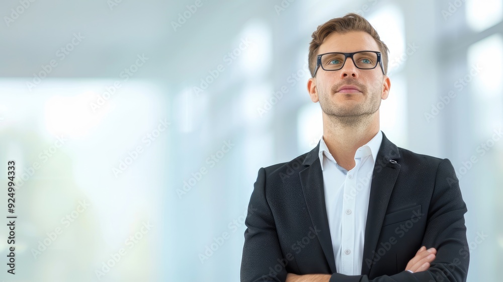 Obraz premium Man in Black Suit with Polka Dots, Serious Expression, Office Setting