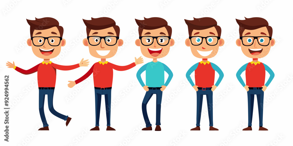 Set of happy male character in different poses on white background. A man with glasses
Set of happy male character in different poses on white background. A man with glasses
