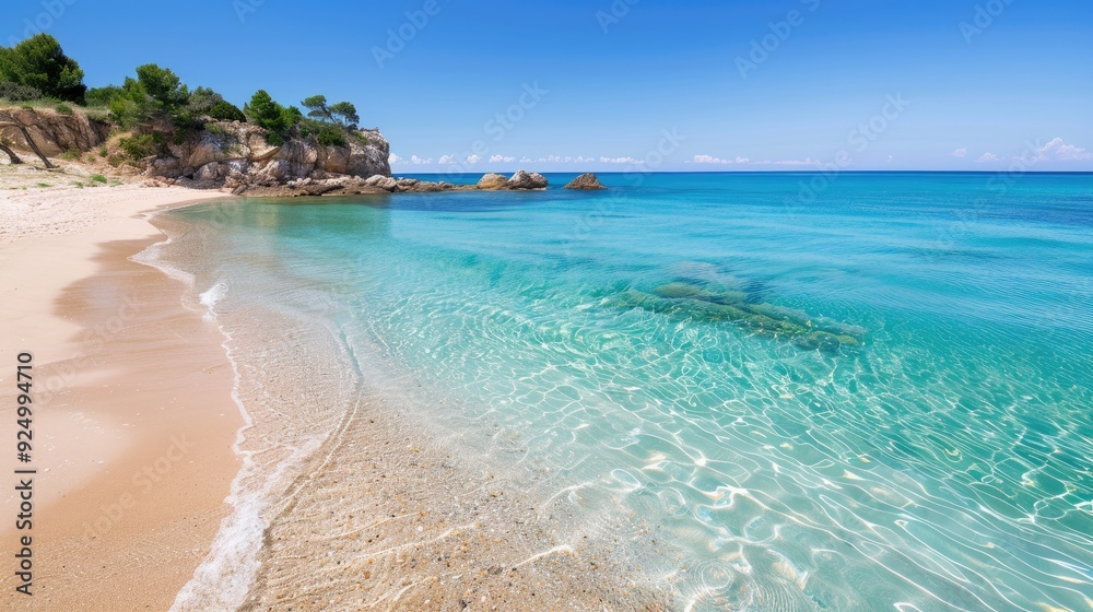 Fototapeta premium Serene Beach Scene With Clear Blue Waters, Sandy Shores, and Rock Formations