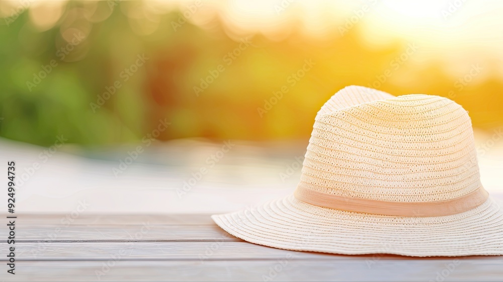 Stylish Pink Straw Hat with White Flowers on Wooden Table Stylish Pink Straw Hat with White Flowers on Wooden Table