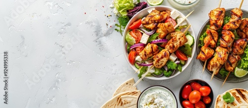 Image of a Mediterranean lunch spread featuring fried chicken kebabs Greek salad tzatziki yogurt sauce and pita bread on a white table with copy space viewed from the top