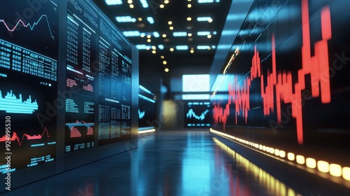 Stock exchange floor, live chart displays, 3D illustration