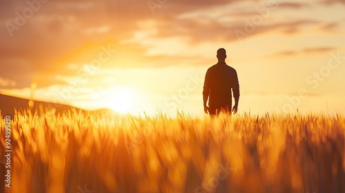 Solitary Figure Strolls Amidst Tall Grass as Sun Sets