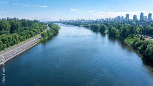 Tranquil River Scene with Urban Skyline and Nature's Surroundings
