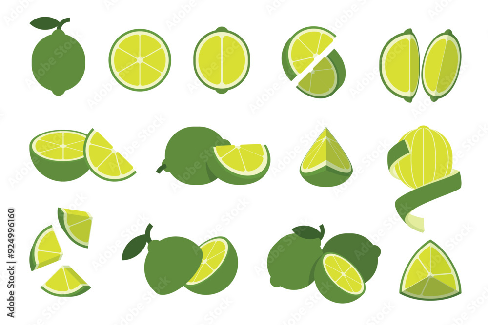 Set of Sweet lime, Farm fresh green lemon product emblem for grocery shop, Slides, long and cross sections, and different positions, simple flat vector illustration of vegetables and fruits. Set of Sweet lime, Farm fresh green lemon product emblem for grocery shop, Slides, long and cross sections, and different positions, simple flat vector illustration of vegetables and fruits.