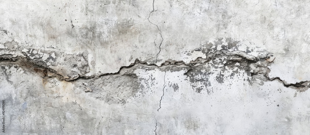 Fototapeta premium Vertical crack in a wall post earthquake with a gray cement mortar covered cracked concrete surface Includes copy space image