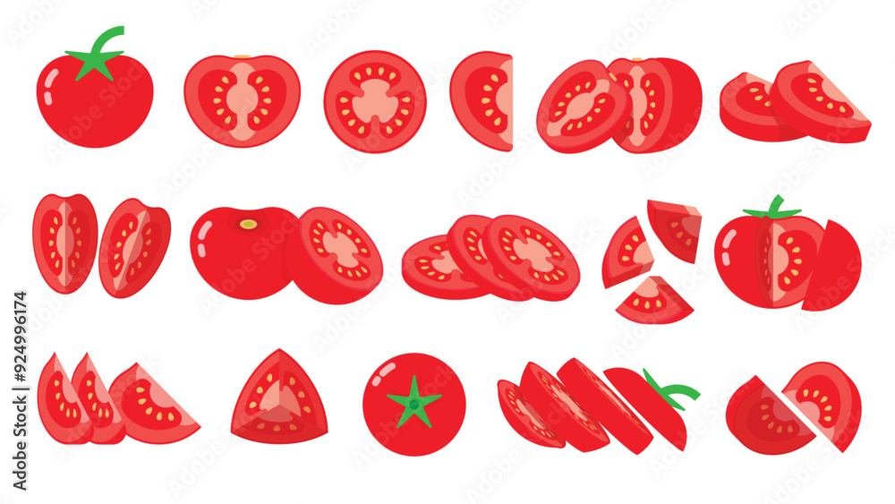 Fototapeta premium Set of Red Tomato, Farm fresh Tomato product emblem for grocery shop, Slides, long and cross sections, and different positions, simple flat vector illustration of vegetables and fruits.