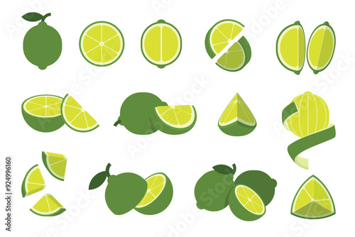 Set of Sweet lime, Farm fresh green lemon product emblem for grocery shop, Slides, long and cross sections, and different positions, simple flat vector illustration of vegetables and fruits.