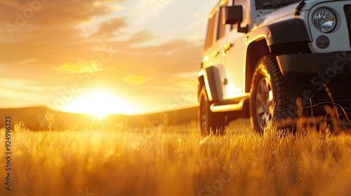 Large SUV in a Field during Sunset photo