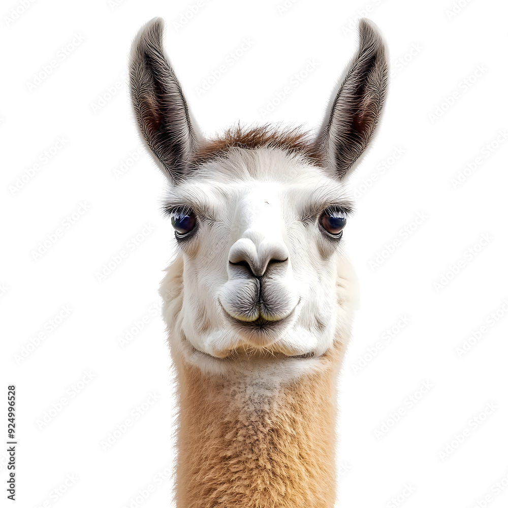 Fototapeta premium Closeup Portrait of a Curious and Fluffy Llama Isolated on a Plain White Background Transparent PNG